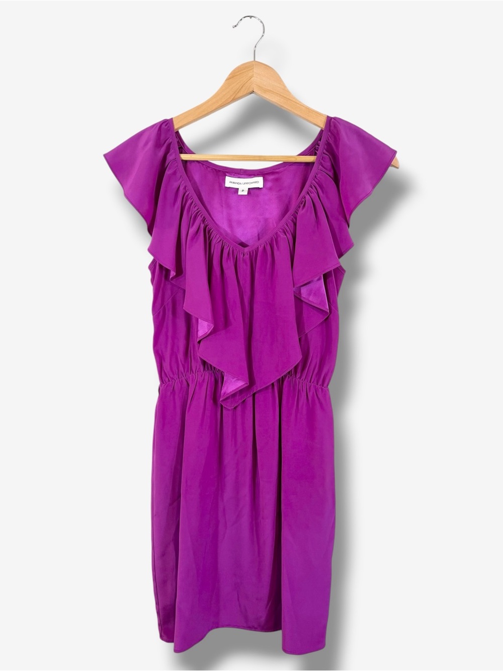 Amanda Uprichard Purple Silk V-Neck Dress Size XS Ruffle Flutter Sleeve Cocktail